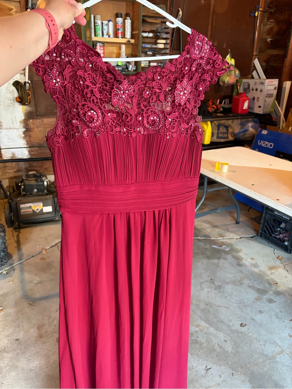 Embellished Lace-Top Maxi Dress in Wine